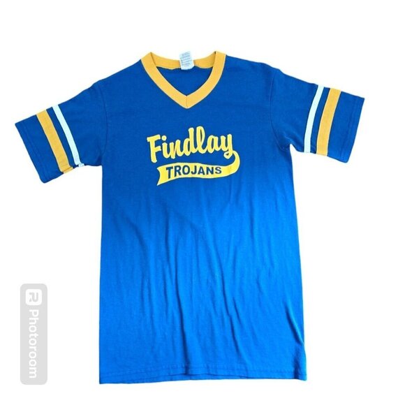 Vintage 90s Findlay Ohio Trojans Cheer Athletic Tshirt Blue Yellow Retro - Picture 1 of 11